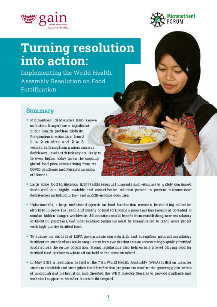 Turning resolution into action: Implementing the World Health Assembly Resolution on Food…