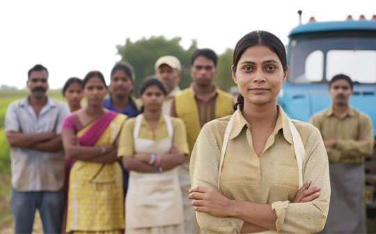 A group of people, including a woman in the foreground with arms crossed, stand outside in front of a blue truck.