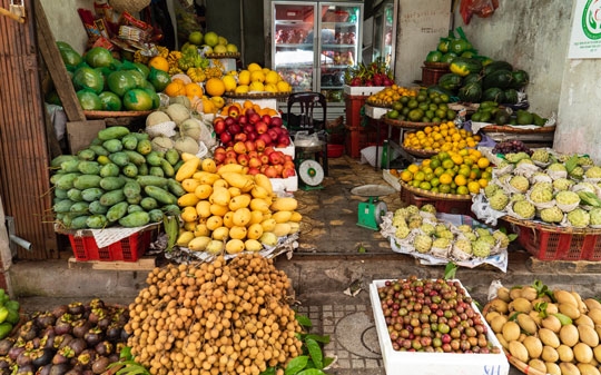 Market stalls with fruits and vegetables and a fridge in the background