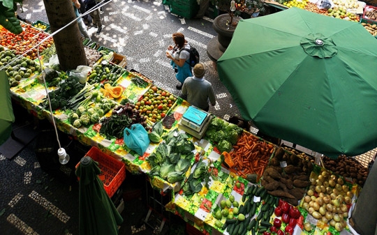 Market view from above with umbrella  Market view from above with umbrella